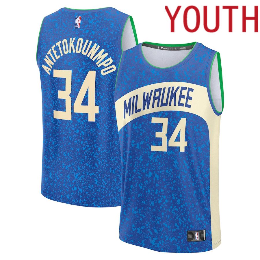Youth Milwaukee Bucks #34 Giannis Antetokounmpo Fanatics Branded Royal City Edition 2023-24 Fast Break NBA Jersey->->Youth Jersey